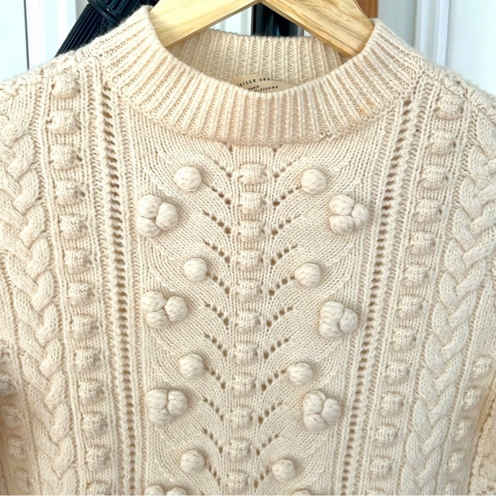 Sezane Ecru Cream Ivory Pom Poms Textured Knit Sweater Crewneck XS Wool - Picture 3 of 10